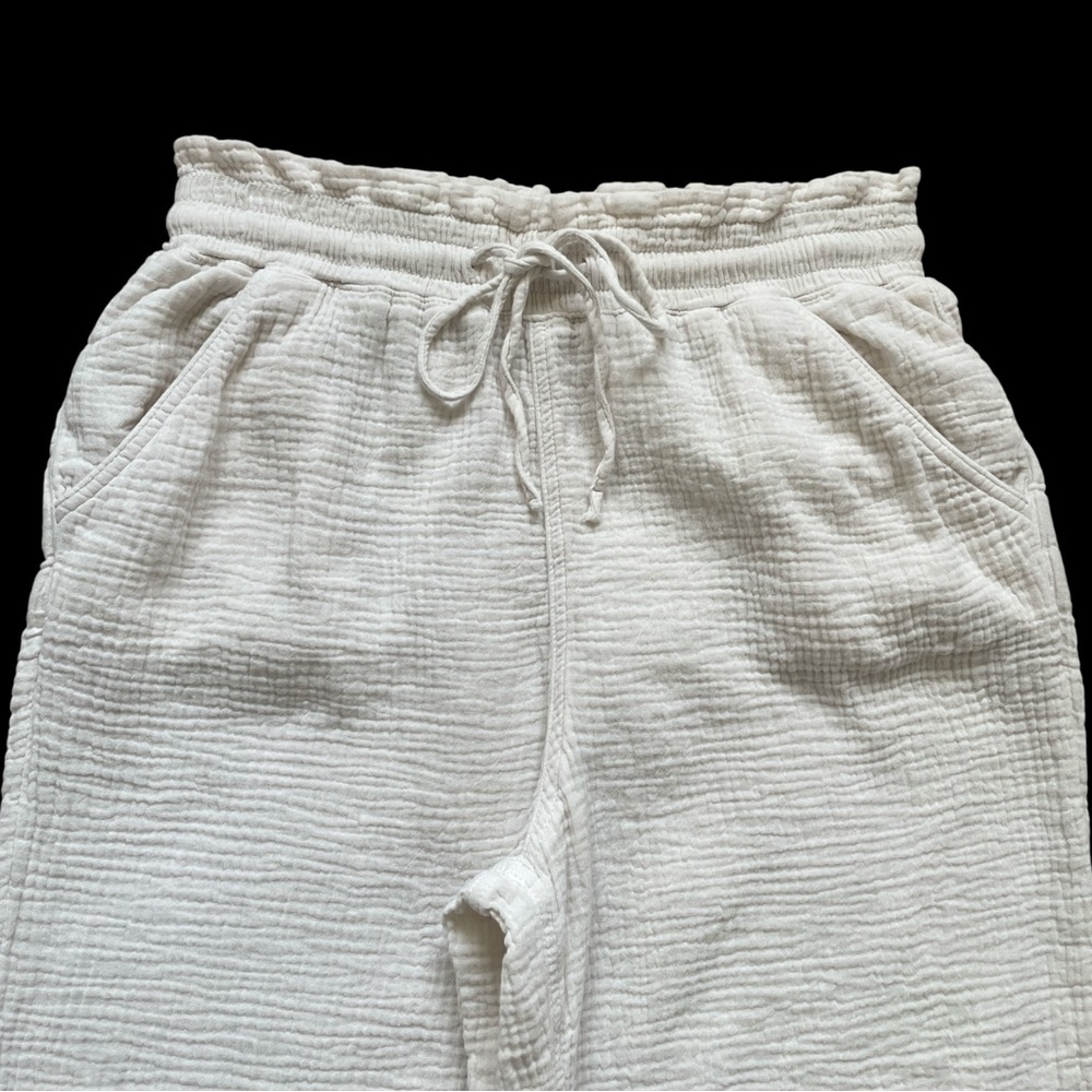 Mango Wide Leg Pants Pull On Drawstring 100% Cotton Cream Coastal Lightweight - Picture 3 of 8